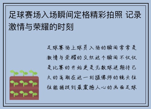 足球赛场入场瞬间定格精彩拍照 记录激情与荣耀的时刻