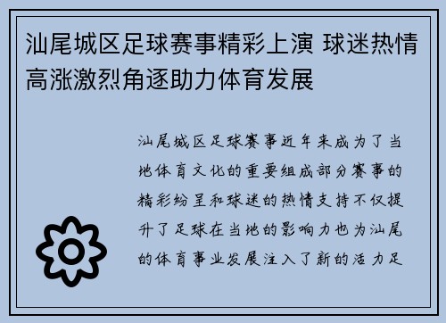汕尾城区足球赛事精彩上演 球迷热情高涨激烈角逐助力体育发展