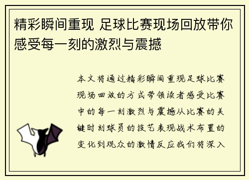 精彩瞬间重现 足球比赛现场回放带你感受每一刻的激烈与震撼