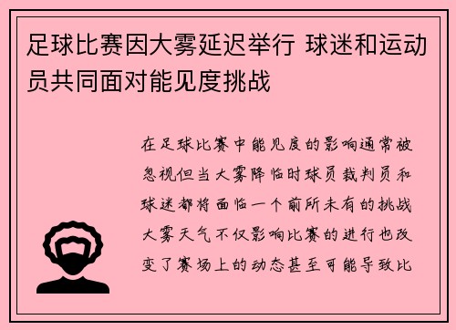 足球比赛因大雾延迟举行 球迷和运动员共同面对能见度挑战