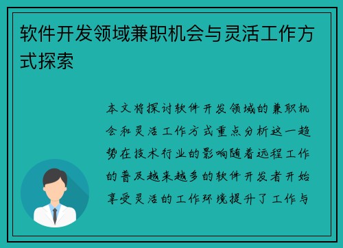 软件开发领域兼职机会与灵活工作方式探索