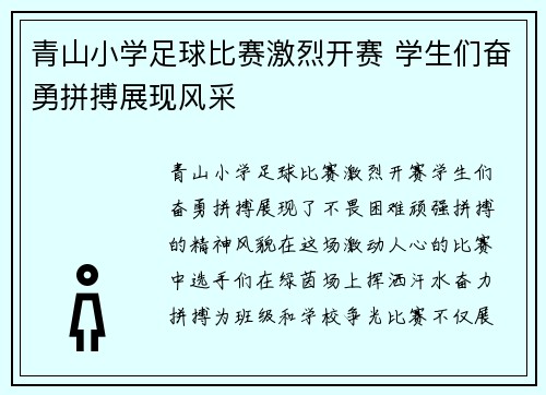 青山小学足球比赛激烈开赛 学生们奋勇拼搏展现风采