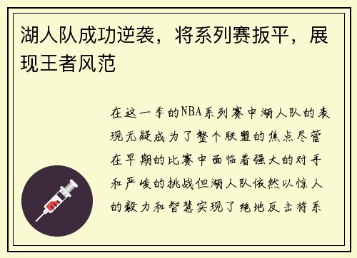 湖人队成功逆袭，将系列赛扳平，展现王者风范