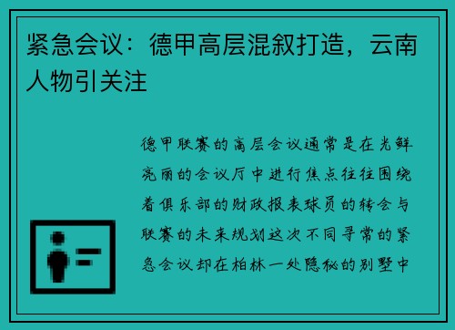 紧急会议：德甲高层混叙打造，云南人物引关注
