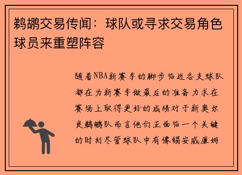 鹈鹕交易传闻：球队或寻求交易角色球员来重塑阵容
