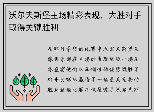 沃尔夫斯堡主场精彩表现，大胜对手取得关键胜利