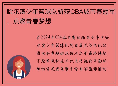 哈尔滨少年篮球队斩获CBA城市赛冠军，点燃青春梦想