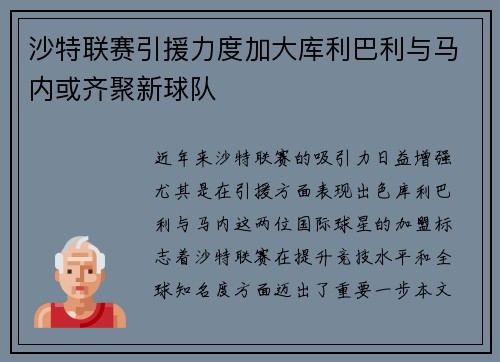 沙特联赛引援力度加大库利巴利与马内或齐聚新球队