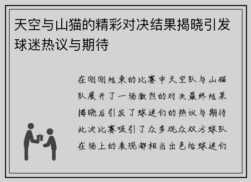 天空与山猫的精彩对决结果揭晓引发球迷热议与期待