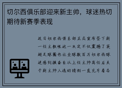 切尔西俱乐部迎来新主帅，球迷热切期待新赛季表现