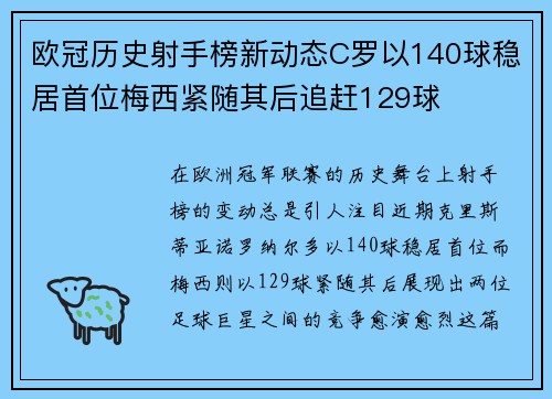欧冠历史射手榜新动态C罗以140球稳居首位梅西紧随其后追赶129球