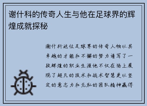 谢什科的传奇人生与他在足球界的辉煌成就探秘