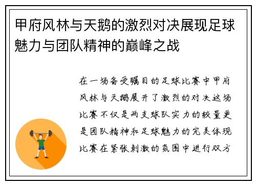 甲府风林与天鹅的激烈对决展现足球魅力与团队精神的巅峰之战