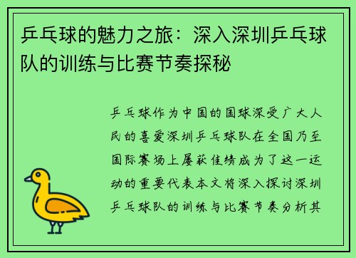 乒乓球的魅力之旅：深入深圳乒乓球队的训练与比赛节奏探秘