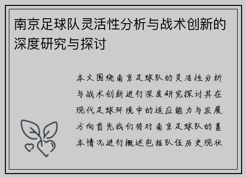 南京足球队灵活性分析与战术创新的深度研究与探讨
